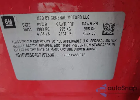 2012 Chevrolet Cruze Ltz z USA, uszkodzony, nr VIN 1G1PH5SC4C7192393